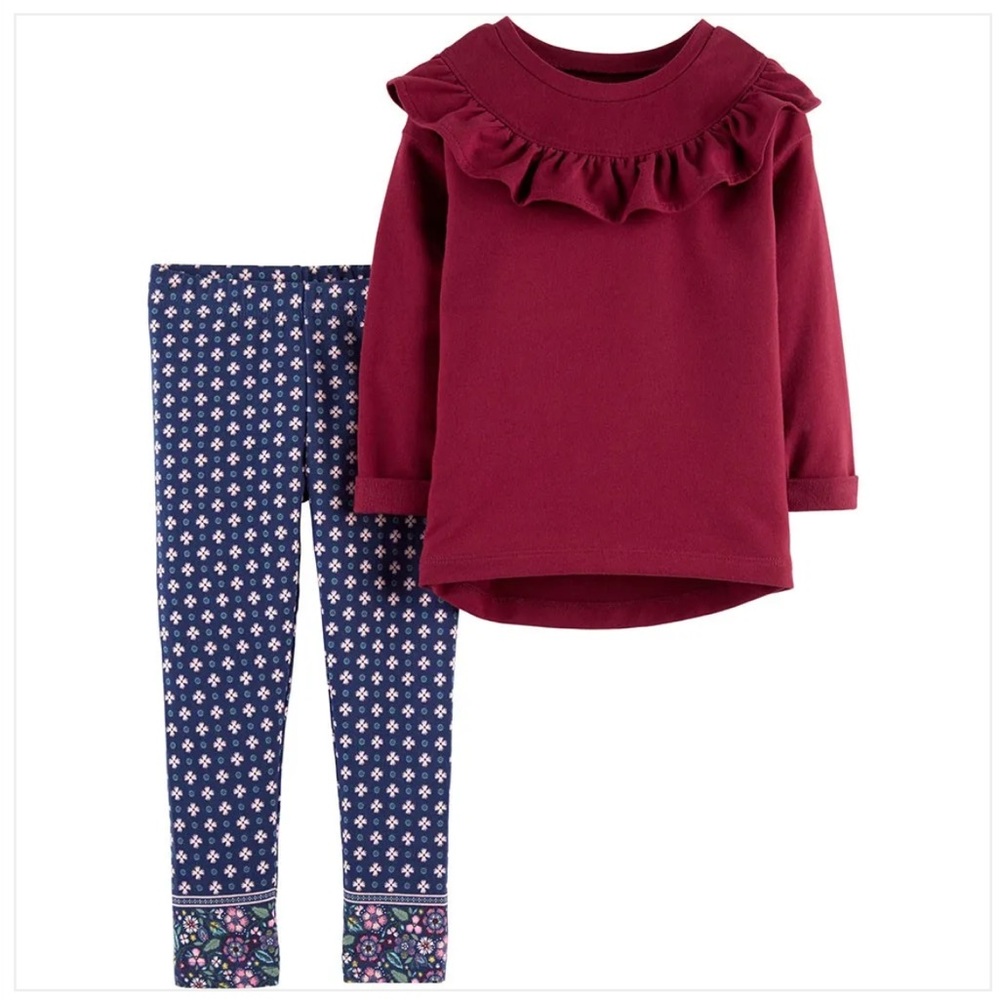 NWT Carter’s Girls 2T Maroon Ruffle Tunic and Floral Leggings Outfit
